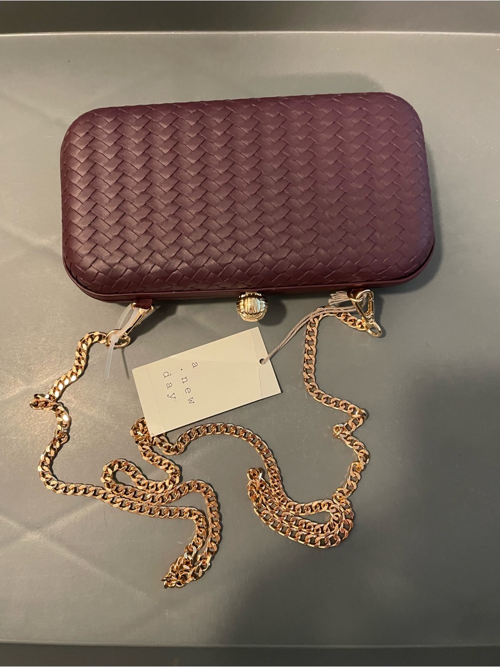 A New Day Woven Minaudiere Clutch Crossbody Bag Dark Red NWT - Picture 2 of 9